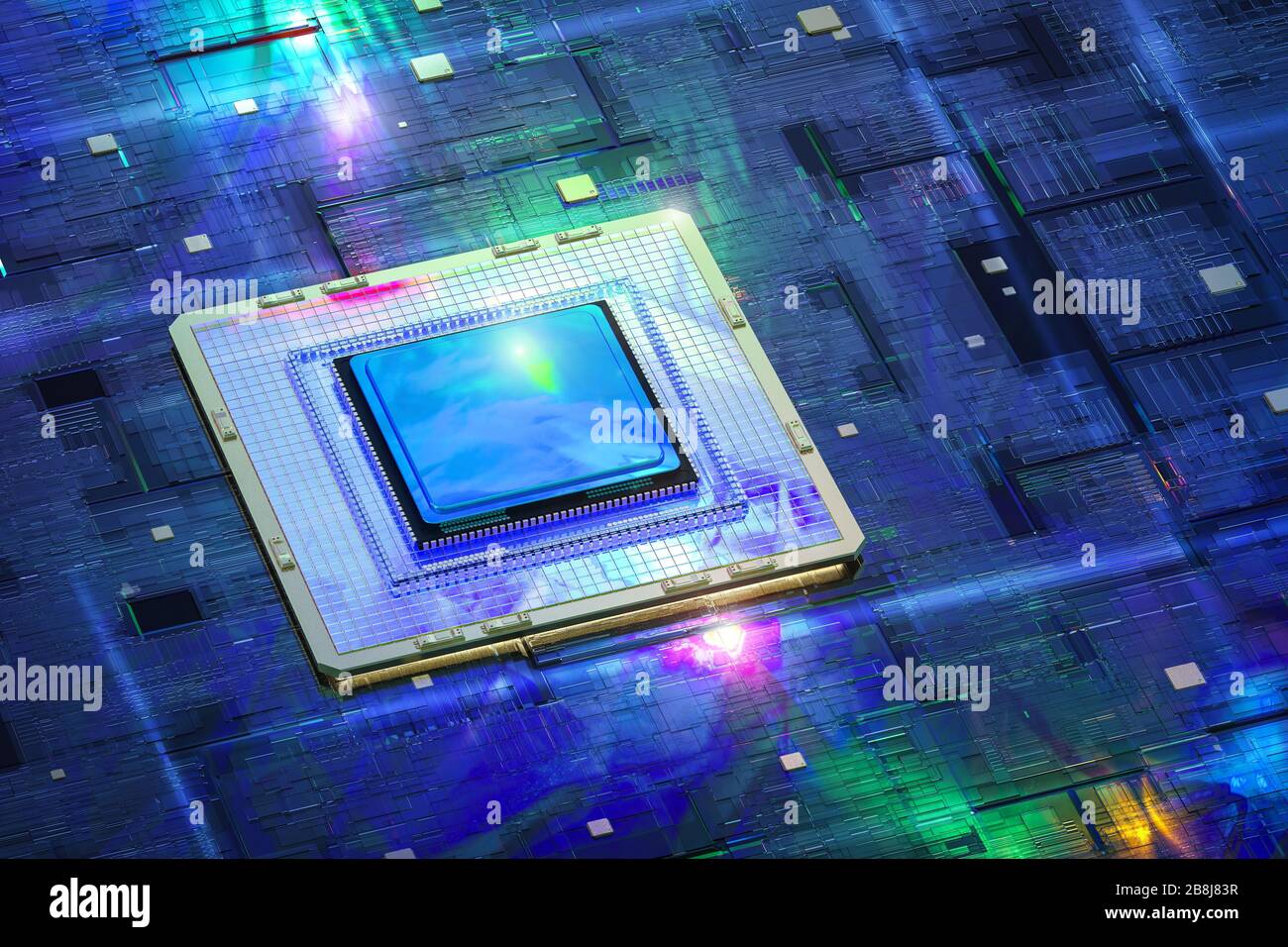 Quantum computer technology concept with 3d rendering cpu chips on board Stock Photo