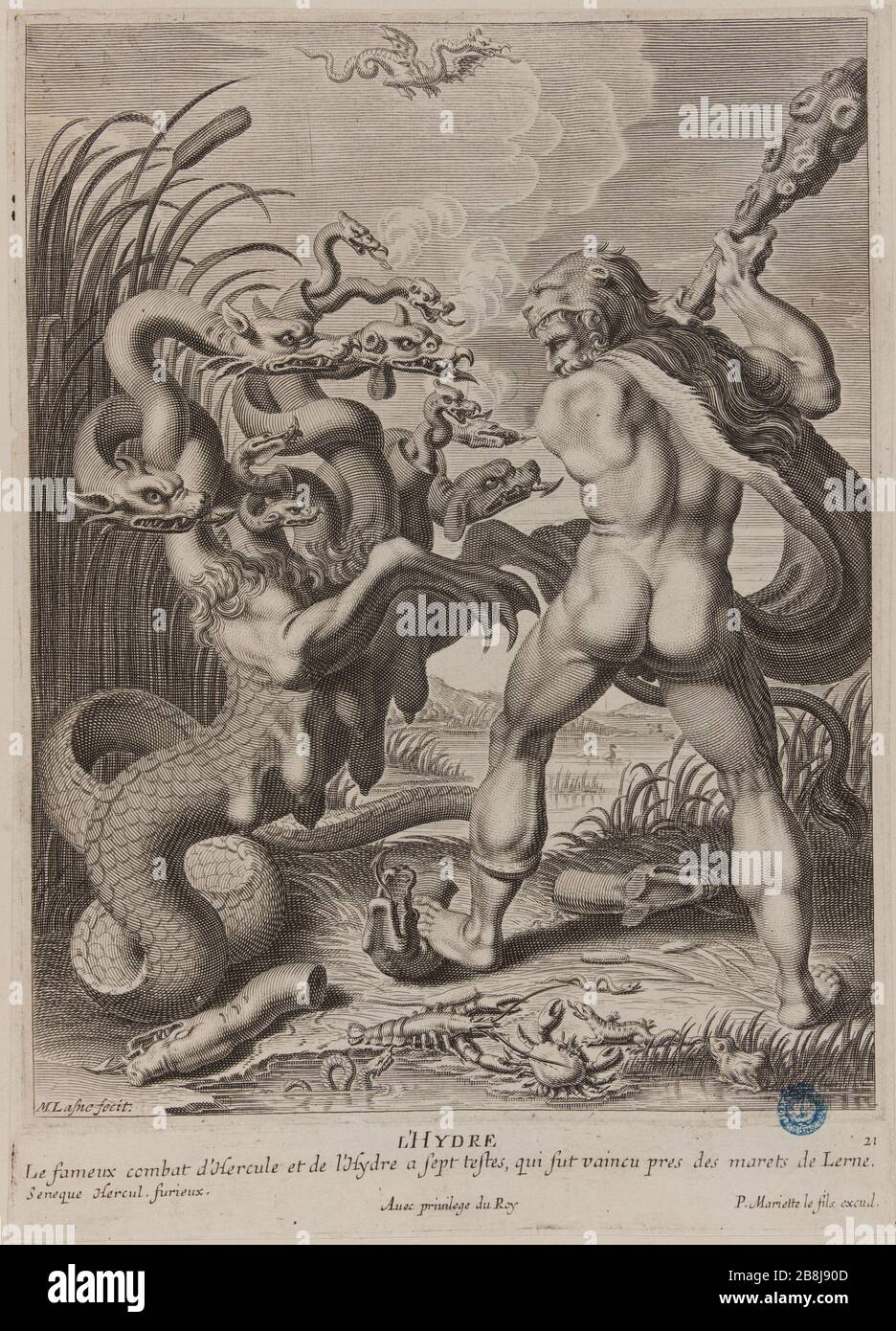 Table of Virtues and Vices of antiquity: Hydra (Dutuit p 36, 113 Le Blanc.) Cornelis II Bloemaert, dit le Jeune (1603-1692). Tableau des Vertus et des Vices de l'antiquité : L'Hydre (Dutuit p. 36, Le Blanc 113). Burin, 1630-1633. Musée des Beaux-Arts de la Ville de Paris, Petit Palais. Stock Photo