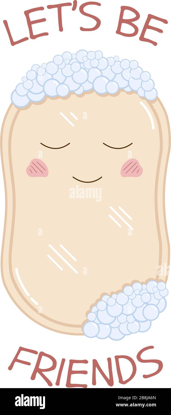Cute funny bar of soap offering to be friends. Vector illustration of hygiene product with
