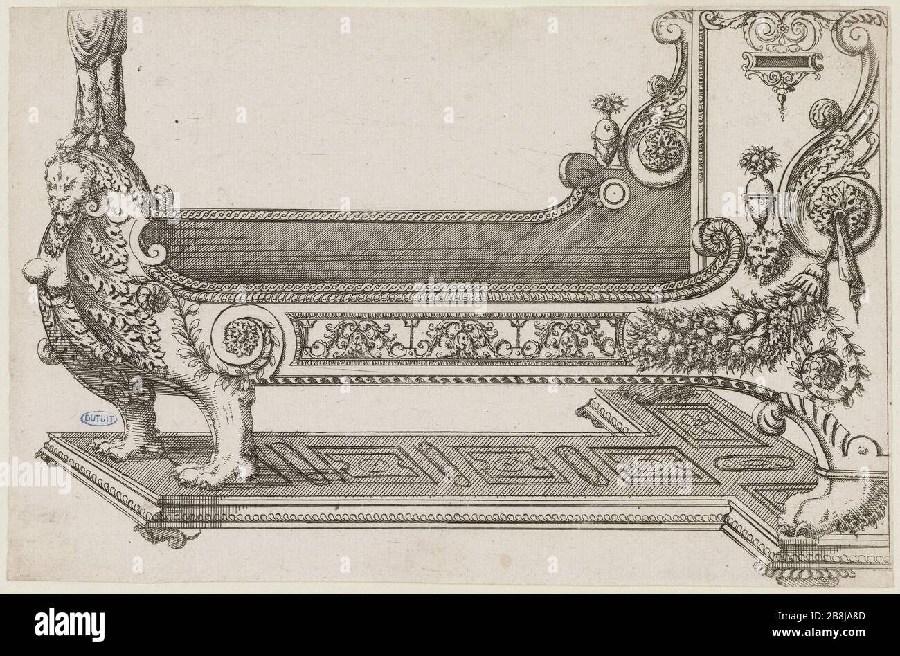 furniture boards Collection: Lit. First bed of a 2 Jacques Androuet du  Cerceau (1515-1584). "Recueil de planches de mobilier : Lit. Premier lit  d'une suite de 2". Eau-forte. 1575. Musée des Beaux-Arts