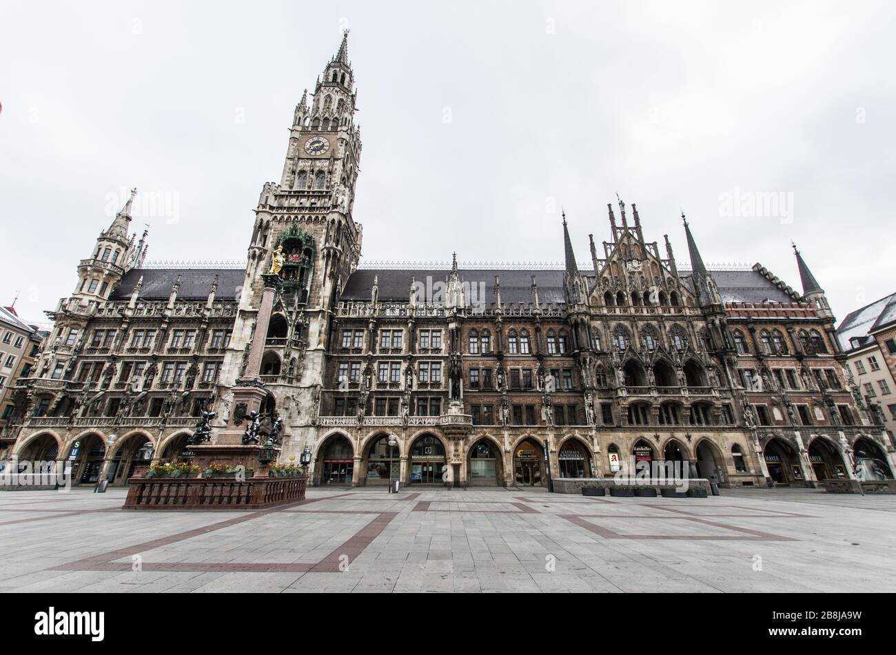 Munich, Bavaria, Germany. 22nd Mar, 2020. Munich's empty Marienplatz. Even on Sundays, the plaza and streets are filled with church-goers, cafe customers, and tourists. Displays of the empty streets and city center of Munich, Germany after restrictions on public life were put into force. The Interior Ministry has stated that cold weather, rain, and snow is a positive in this case. In comparison to a complete ban, Bavaria still allows highly restricted movement outside of the home and police are prepared act against violations. Credit: Sachelle Babbar/ZUMA Wire/Alamy Live News Stock Photo