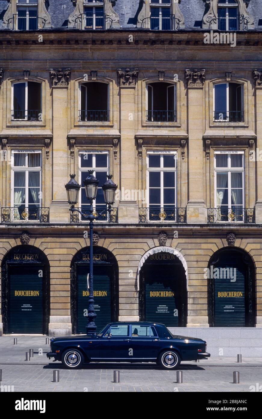 Paris. A Rolls Royce is parked in front of the boutique of luxury jeweler Boucheron, place Vendôme in Paris. Stock Photo