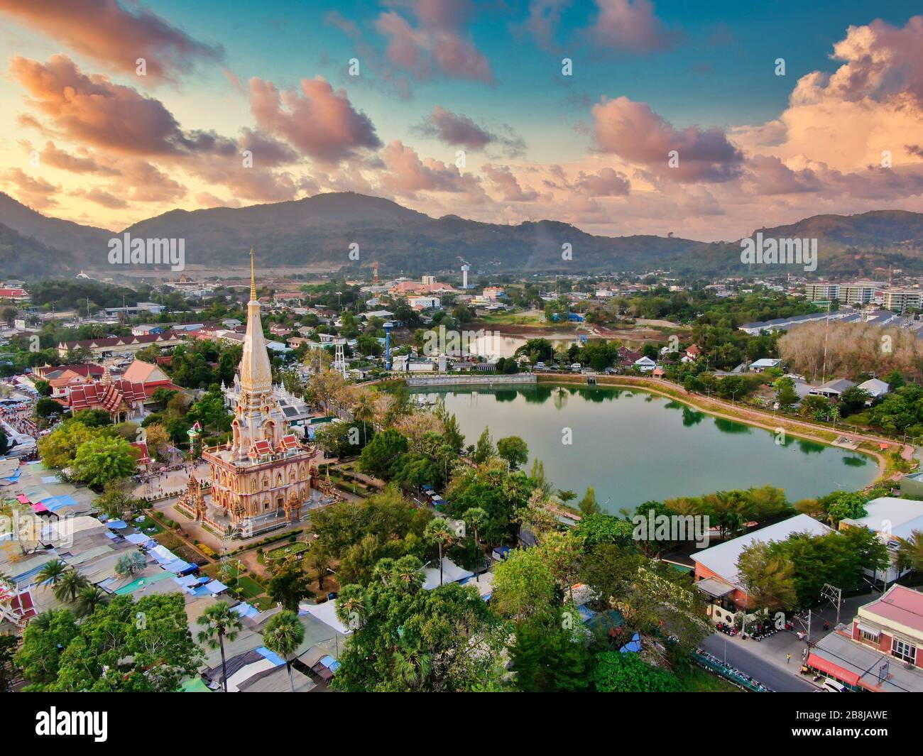 Aerial View With Drone. Wat Chalong or Chalong Temple in Pagoda Phuket Thailand. Public place. Drone Photo. Stock Photo