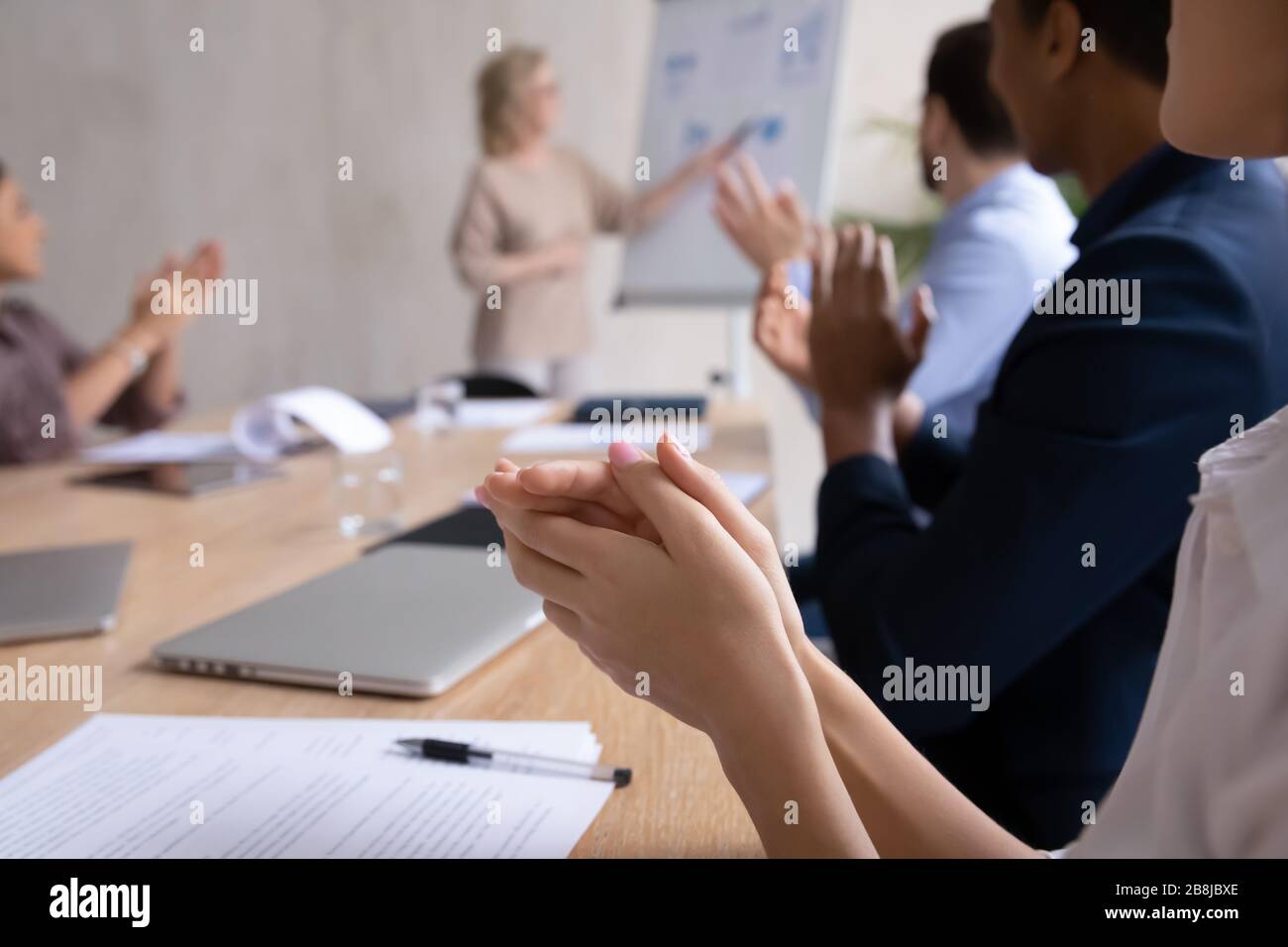 Diverse businesspeople applaud thanking for successful presentation Stock Photo