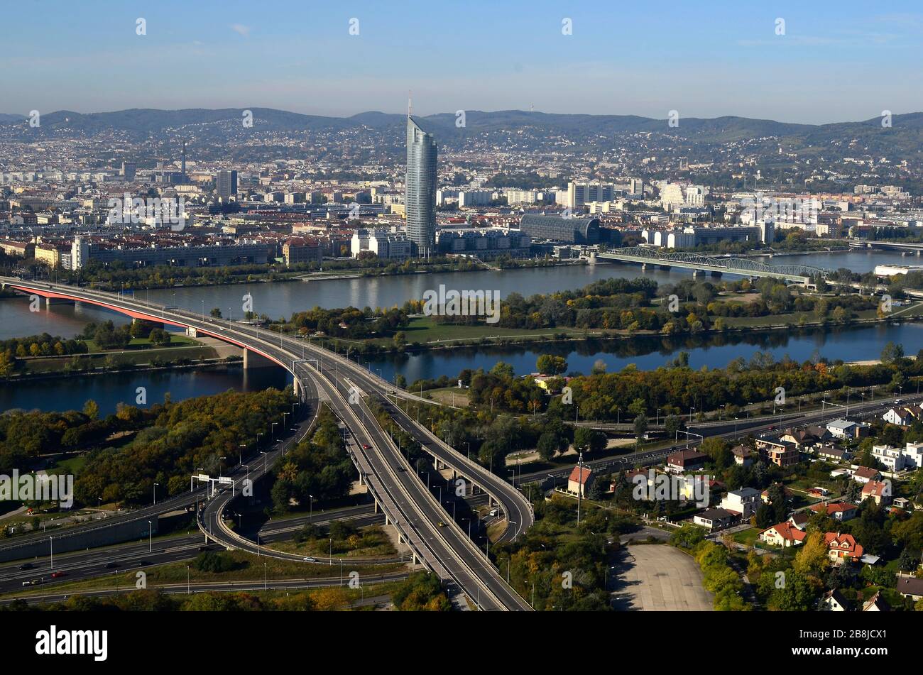 Austria, Vienna, bridges over Danube river and discharge channel with