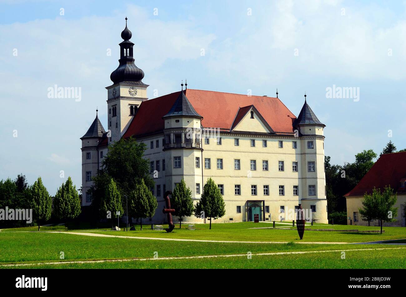 Alkoven, Austria - July 06, 2013: Renaissance castle Hartheim, it became notorious as one of the Nazi Euthanasia killing centers in World War II, it i Stock Photo
