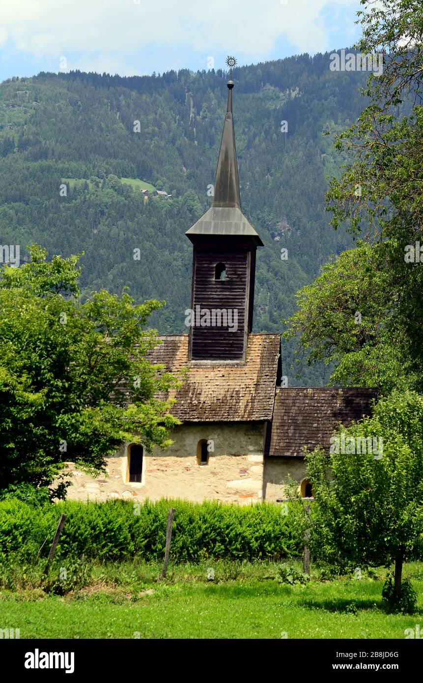 Austria, chapel in Landskron village named - church of Gratschach from 13th century - roof covered with wooden shingle Stock Photo