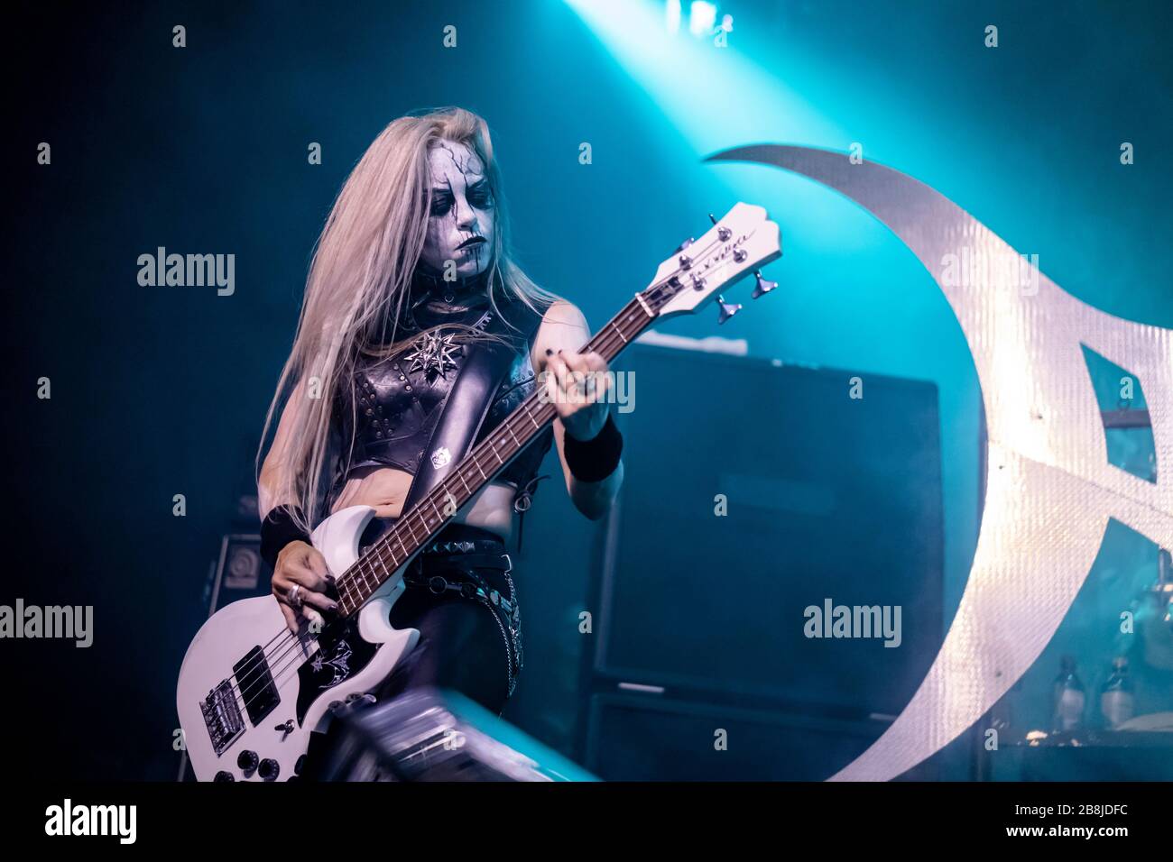 Bergen, Norway. 25th, August 2019. The Norwegian black metal band Abbath  performs a live concert at the Norwegian heavy metal festival Beyond the  Gates 2019 in Bergen. Here bass player Mia Wallace