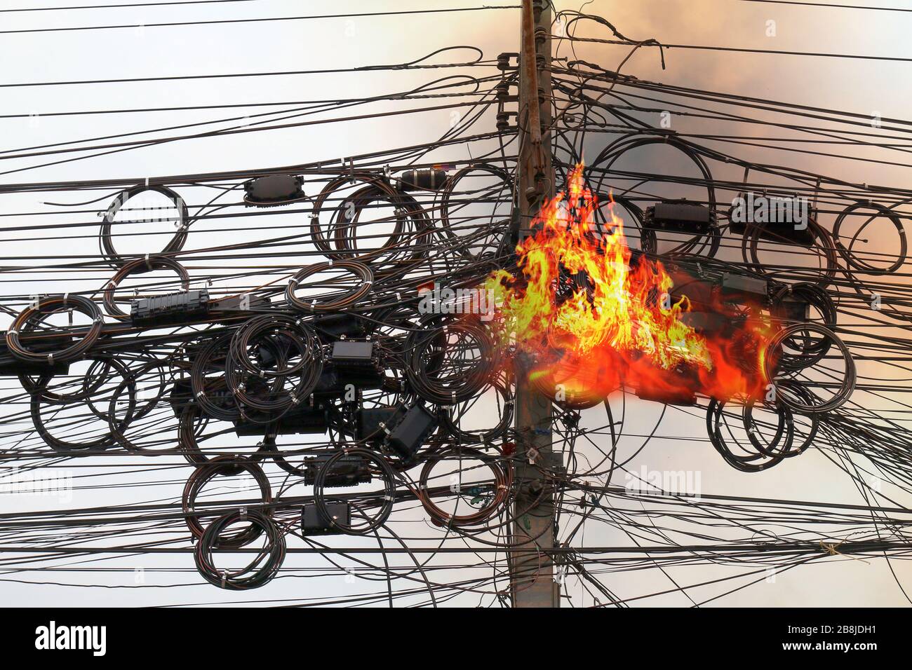 Fire is burning at High Voltage Cables power, Danger wire tangle cord