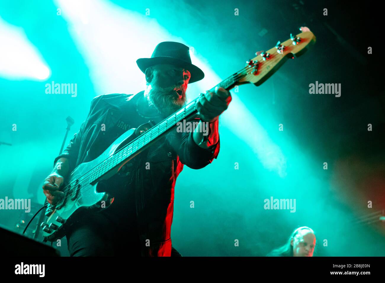 Bergen, Norway. 24th, Augsut, 2019. The Swedish doom metal band Candlemass performs a live concert during the Norwegian heavy metal festival Beyond the Gates 2019 in Bergen. Here bass player Leif Edling is seen live on stage. (Photo credit: Gonzales Photo - Jarle H. Moe). Stock Photo