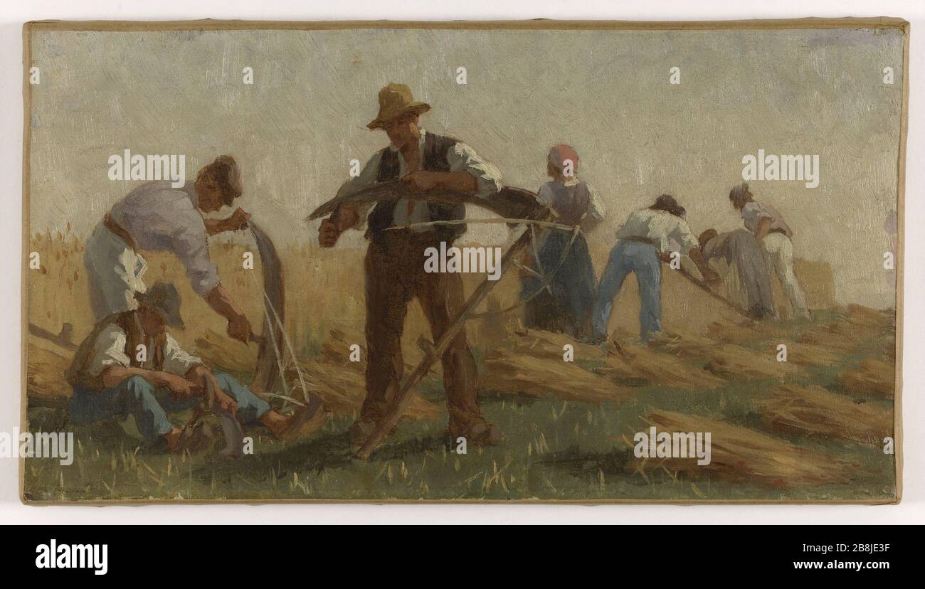 HISTORY OF WHEAT: THE REAPERS. OUTLINE FOR SCHOOL STREET DOMBASLE Paul-Albert Baudouin (1844-1931). 'Histoire du blé : les moissonneurs'. Esquisse pour l'école de la rue Dombasle. Huile sur toile, 1880. Musée des Beaux-Arts de la Ville de Paris, Petit Palais. Stock Photo