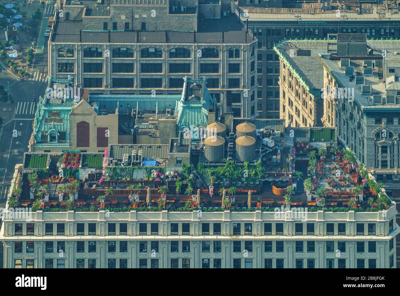 Rooftop terrace in New York with typical water towers, USA. Stock Photo