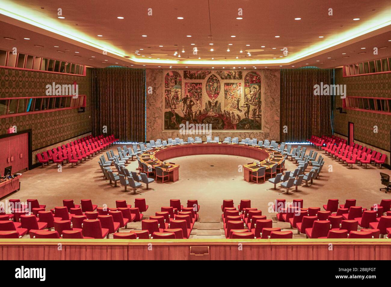 NEW YORK CITY, 2013, Sept, 11: The Security Council Chamber during preparation for session. It is located in the United Nations Conference Building. Stock Photo