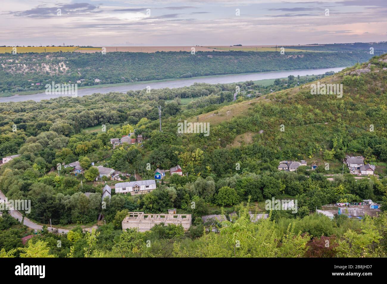 Saharna village in Rezina District of Moldova, view with Dniester River, natural border between Moldova and breakaway state called Transnistria Stock Photo