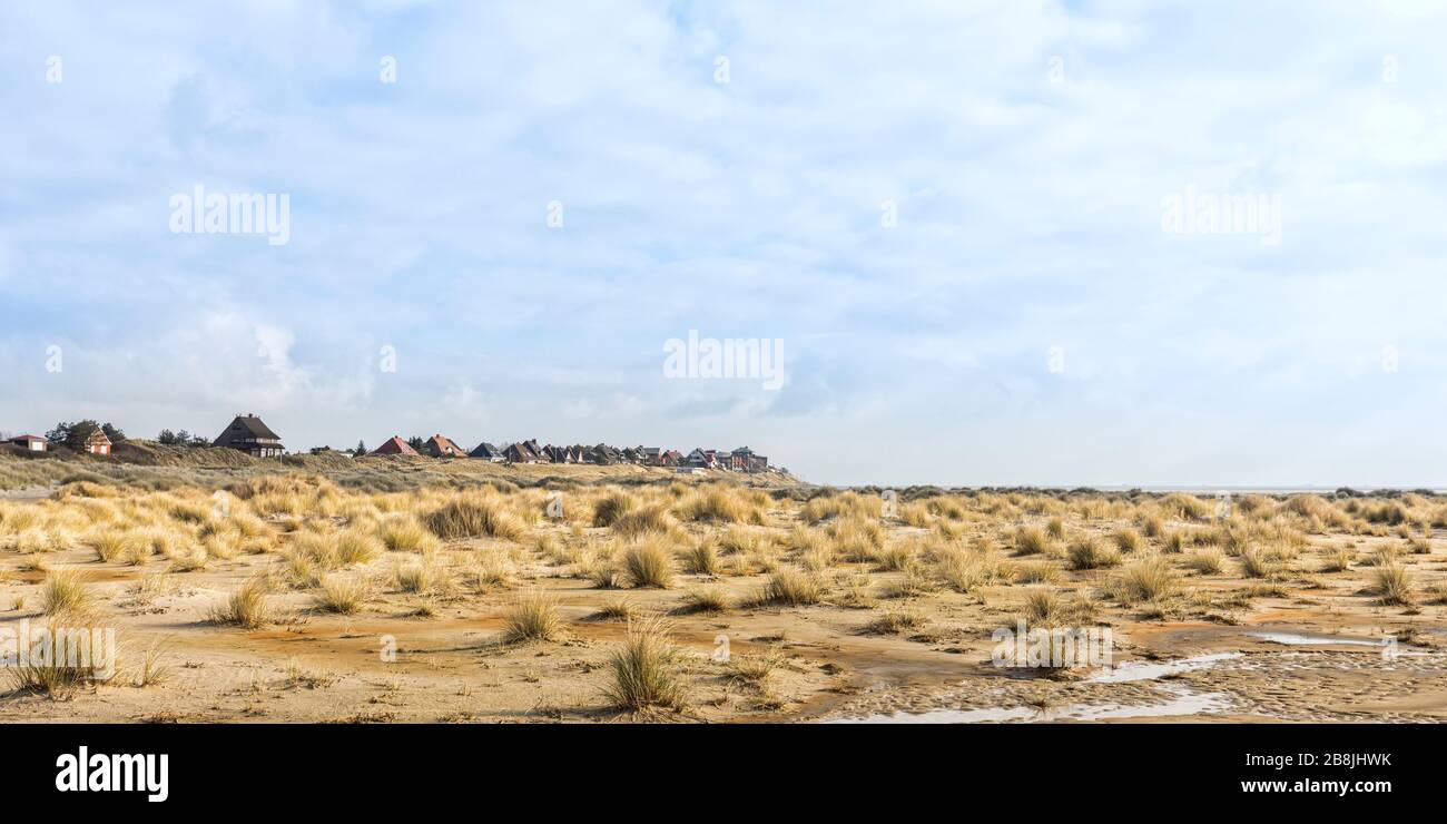 Panoramic view of dunes and village of Wittdün, German North Sea island ...