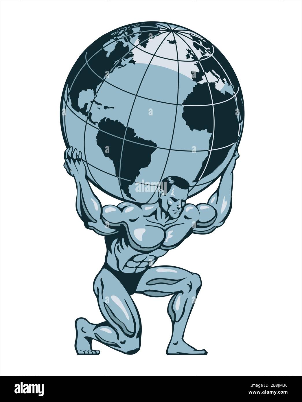 Atlas or titan kneeling carrying lifting globe world earth on his back. Bodybuilder. Stylized vector illustration. Stock Vector