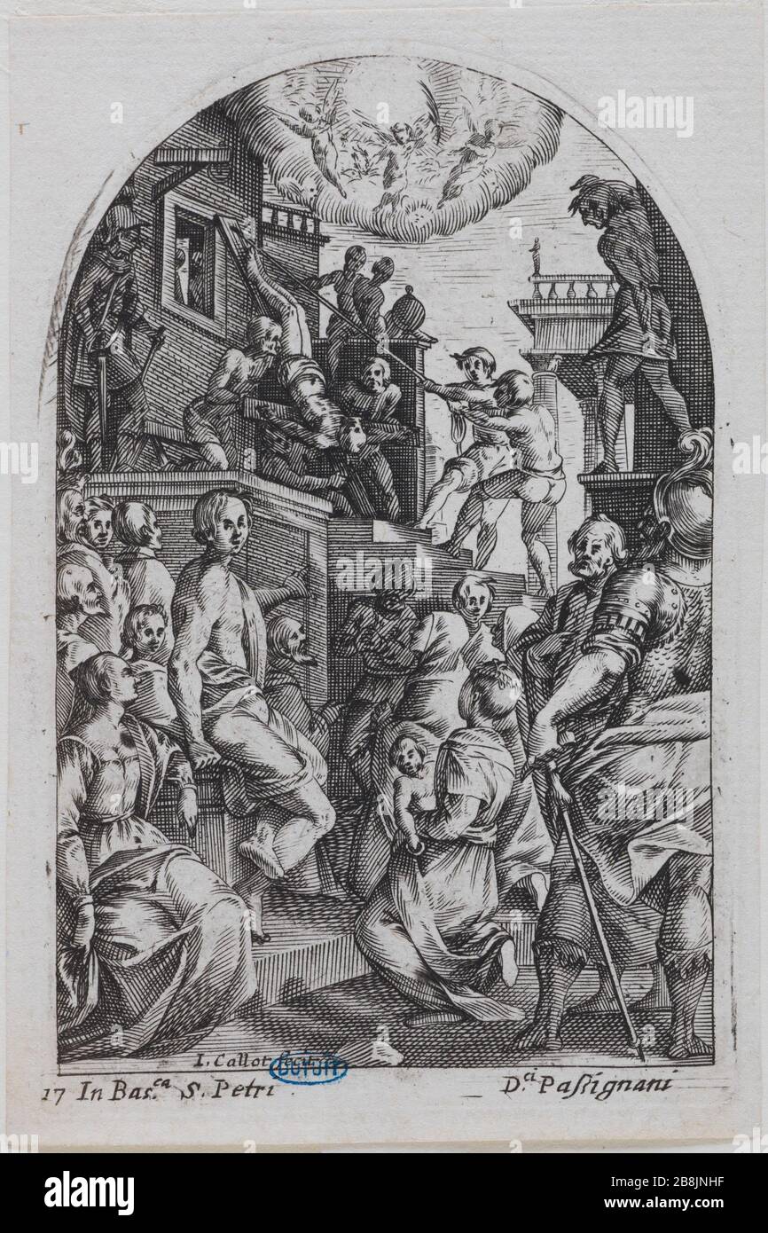 Tables of Rome's St. Peter Martyr Jacques Callot (1592-1635). 'Les Tableaux de Rome, Le martyre de Saint Pierre'. Burin. 1608-1611. Musée des Beaux-Arts de la Ville de Paris, Petit Palais. Stock Photo