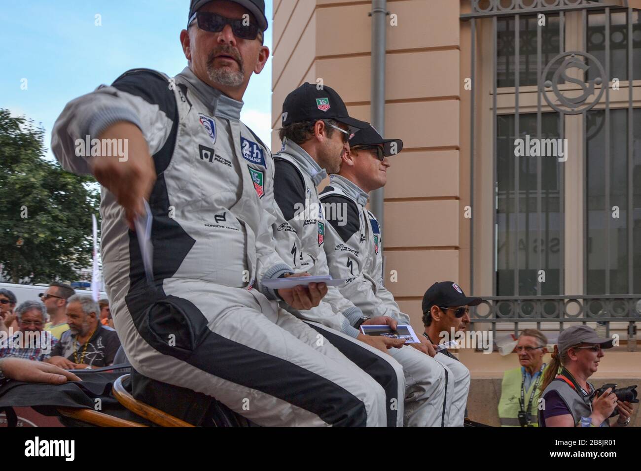 LE MANS, FRANCE - JUNE 13, 2014: Patrick Dempsey and his team on a parade of pilots racing in Le Mans, France. Stock Photo