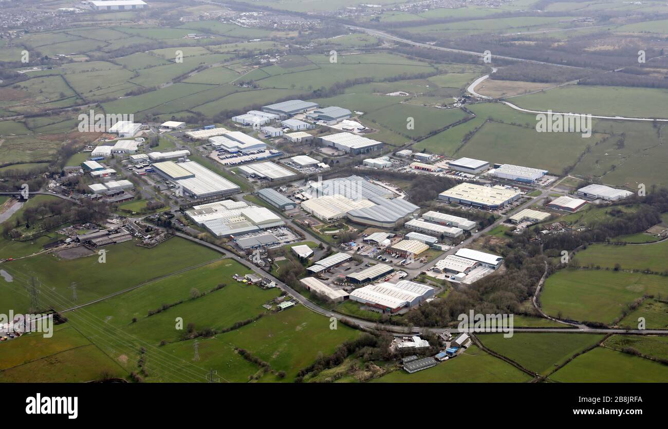 aerial view of Altham Industrial Estate, Altham, Accrington, Lancashire Stock Photo