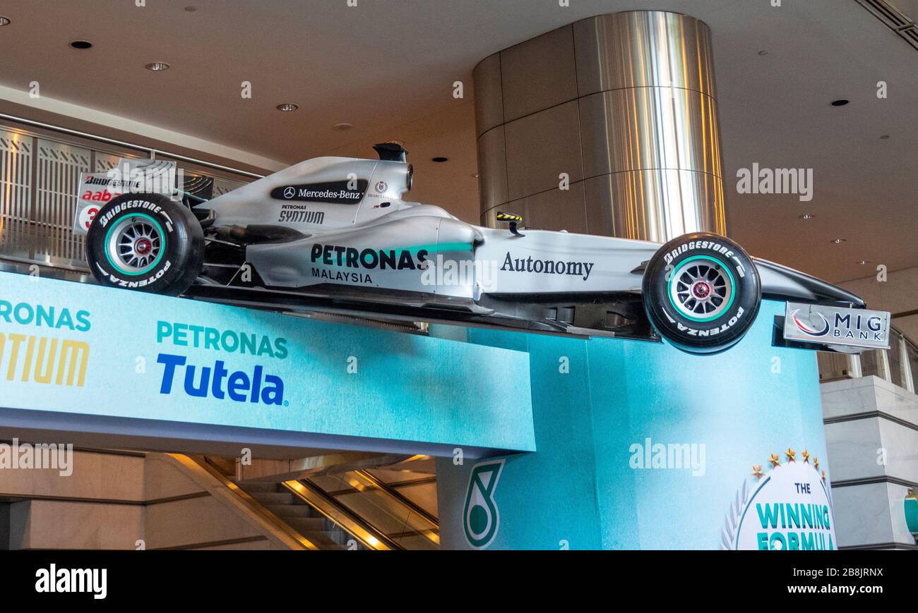 Mercedes-AMG Petronas Formula One Team car on display in lobby of Petronas Towers celebrating 6th consecutive championship win Kuala Lumpur Malaysia. Stock Photo