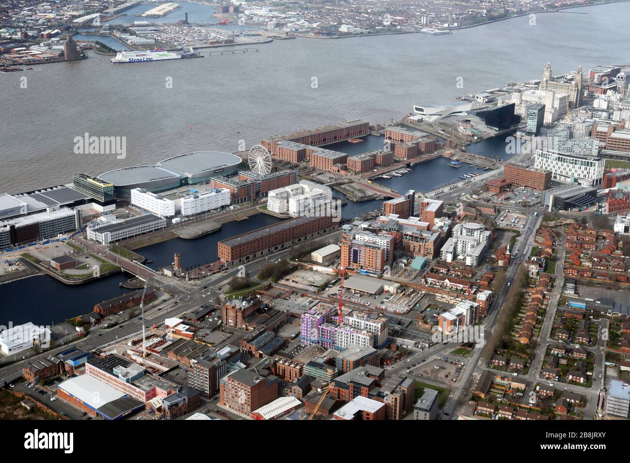 aerial view of the Liverpool skyline with the Royal Albert Dock & M&S Bank Arena prominent Stock Photo