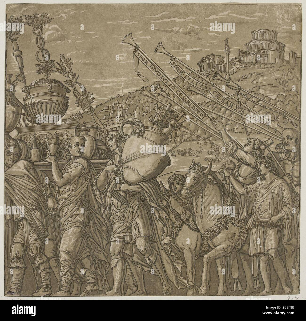 The Triumph of Julius Caesar by Mantegna Men wearing vases on a stretcher accompanied by another man carrying a vase in the arms, followed by cattle for sacrifice and several musicians (Bartsch, Volume XII, Section 6, No. 11) Andrea Andreani (actif à Mantoue vers 1540-1623). 'Le Triomphe de Jules César', d'après Mantegna : Des hommes portant des vases sur un brancard accompagnés d'un autre homme qui porte un vase entre les bras, suivis de boeufs destinés à un sacrifice et de plusieurs musiciens (Bartsch, tome XII, section 6, n°11). Bois en couleur. 1599. Musée des Beaux-Arts de la Ville de Par Stock Photo