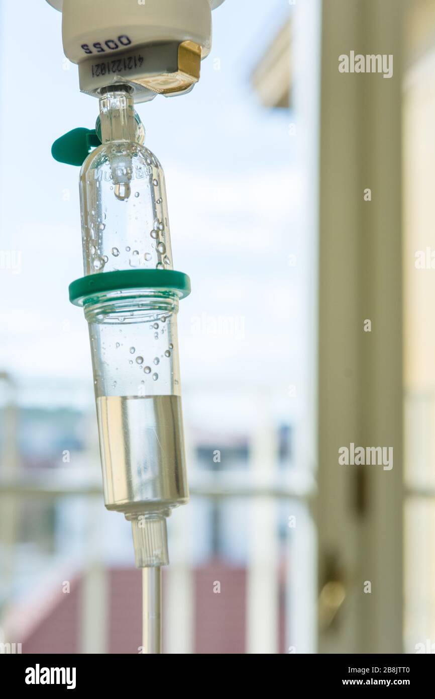 Dripping of IV solution, Intravenous therapy for patient in hospital