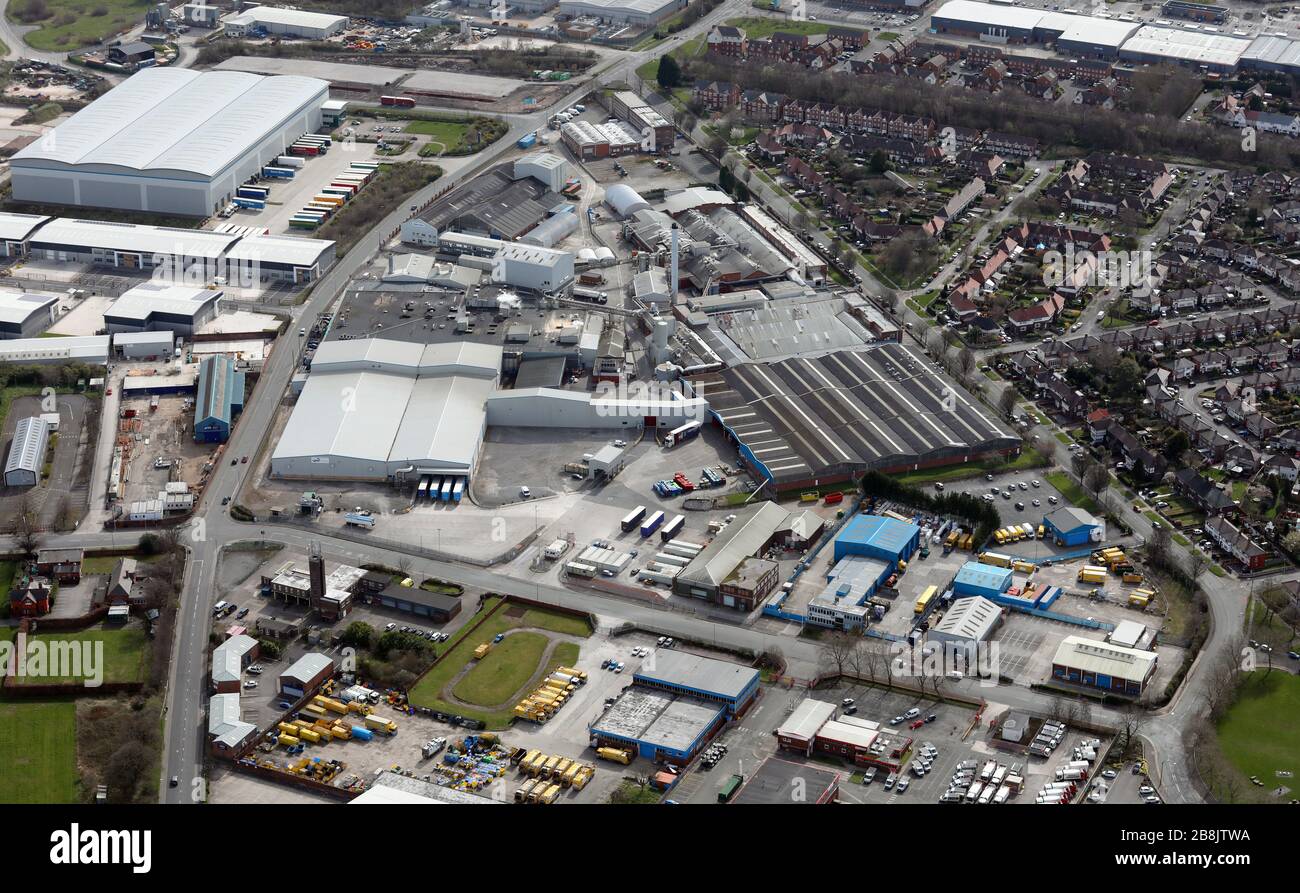 aerial view of industrial units on an estate at Bromborough on the Wirral Stock Photo