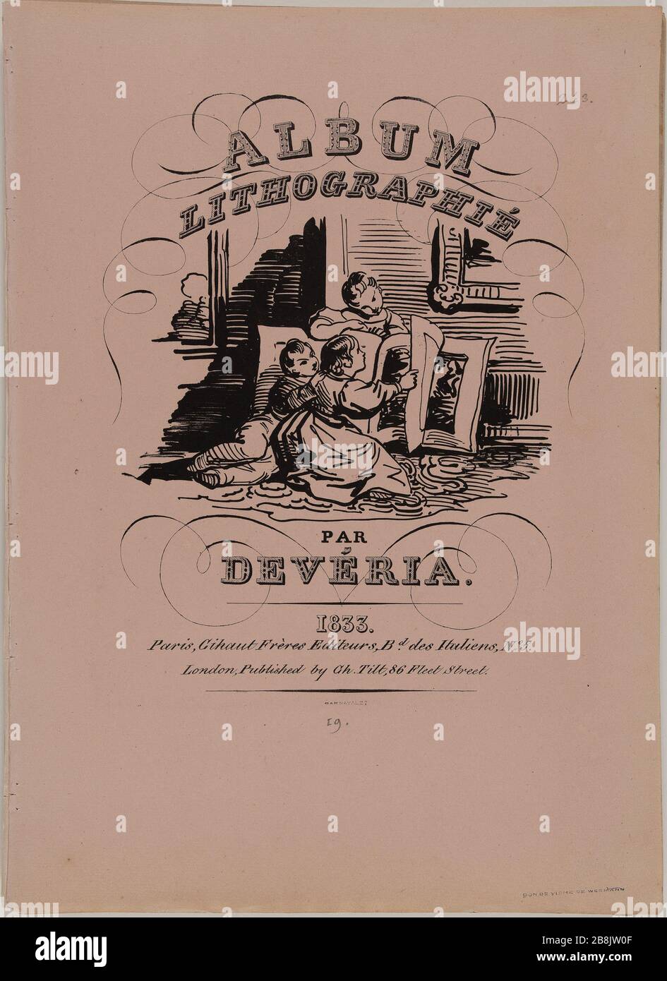 Album lithographed by Deveria, in Gihaut in Paris and in London Tilt, 1833.  Three children flipping through a book cover page Achille Deveria  (1800-1857), Gihaut frères et Charles Tilt. Album lithographié. Trois