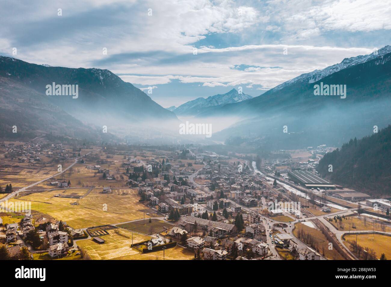 The village Morgex in between big mountains, Aosta Valley at the time of corona virus outbreak, northern Italy Stock Photo