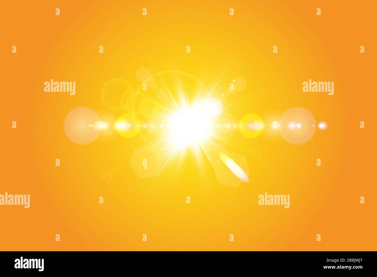 Warm sun on a yellow background. Summer. Glare. Solar rays. Stock Vector