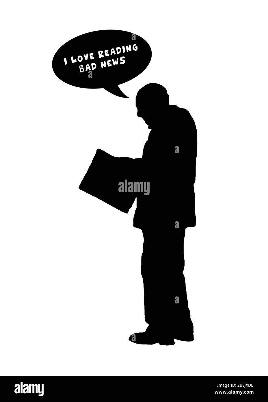 Ironic negativity conceptual drawing showing a graphic silhouette of senior man reading newspaper Stock Photo