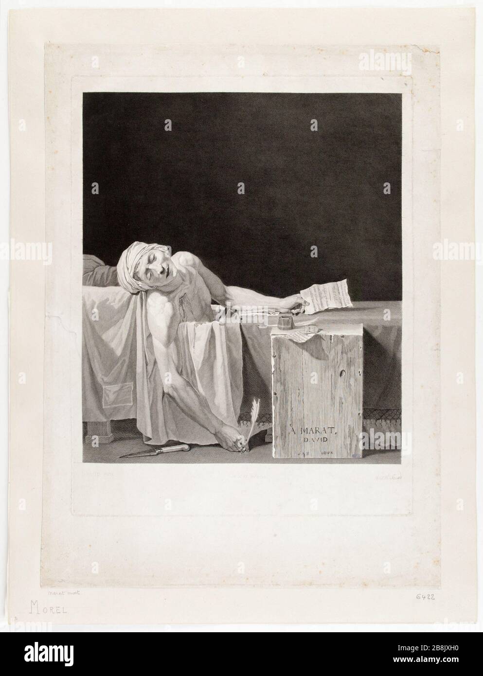 Marat assassinated by Jacques Louis David Antoine Alexandre Morel (1765-1829). 'Marat assassiné', d’après Jacques Louis David. Burin. 1793. Musée des Beaux-Arts de la Ville de Paris, Petit Palais. Stock Photo