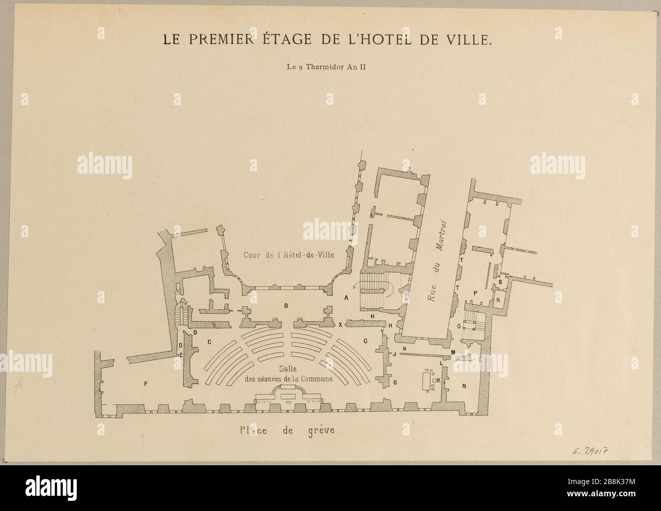 French Revolution: 9 Thermidor Year II Day or July 27, 1794. Map of the first floor of the Hotel de Ville and topographic reconstitution test of the arrest of Robespierre and his followers. 4th district. Plate from the book The districts of Paris during the Revolution, by Gosselin, 1896 T.VII, p.65 (TF) Stock Photo
