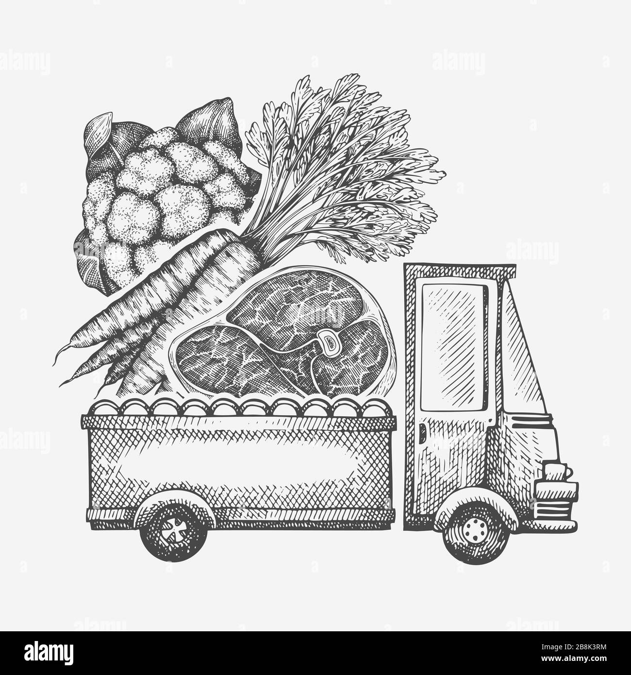 Food shop delivery logo template. Hand drawn vector truck with vegetables and meat illustration. Engraved style vintage food design. Stock Vector