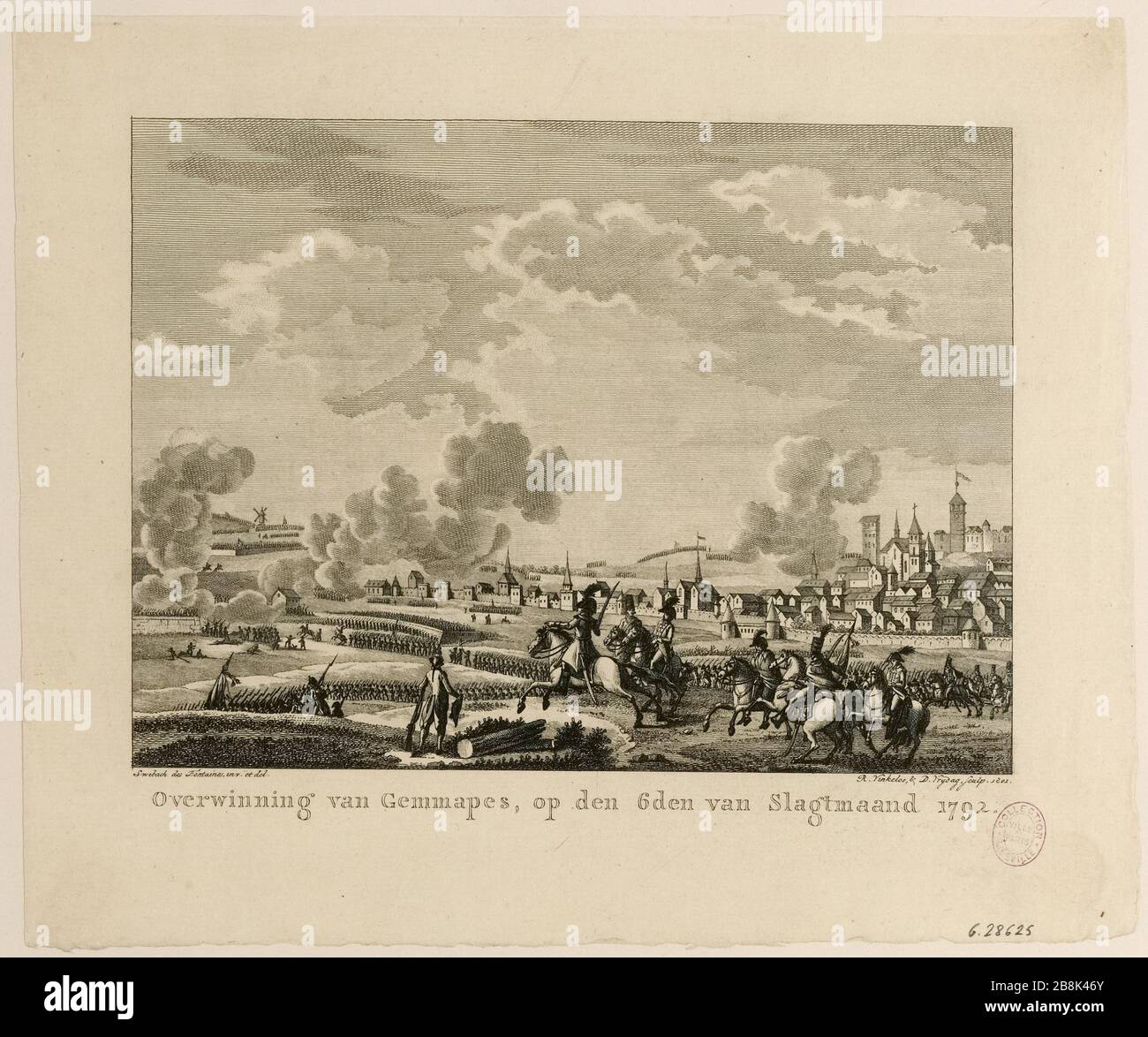 Infantry Victory of Dumouriez on Austrian troops led by the Duke of Saxe-Teschen, to Jemappes (Belgium), near Mons, November 6, 1792. 39th chart Tafereelen van Staatsomwenteling in Frankrijk (1794-1807), t .13, p.164. French Revolution. (TF) Stock Photo