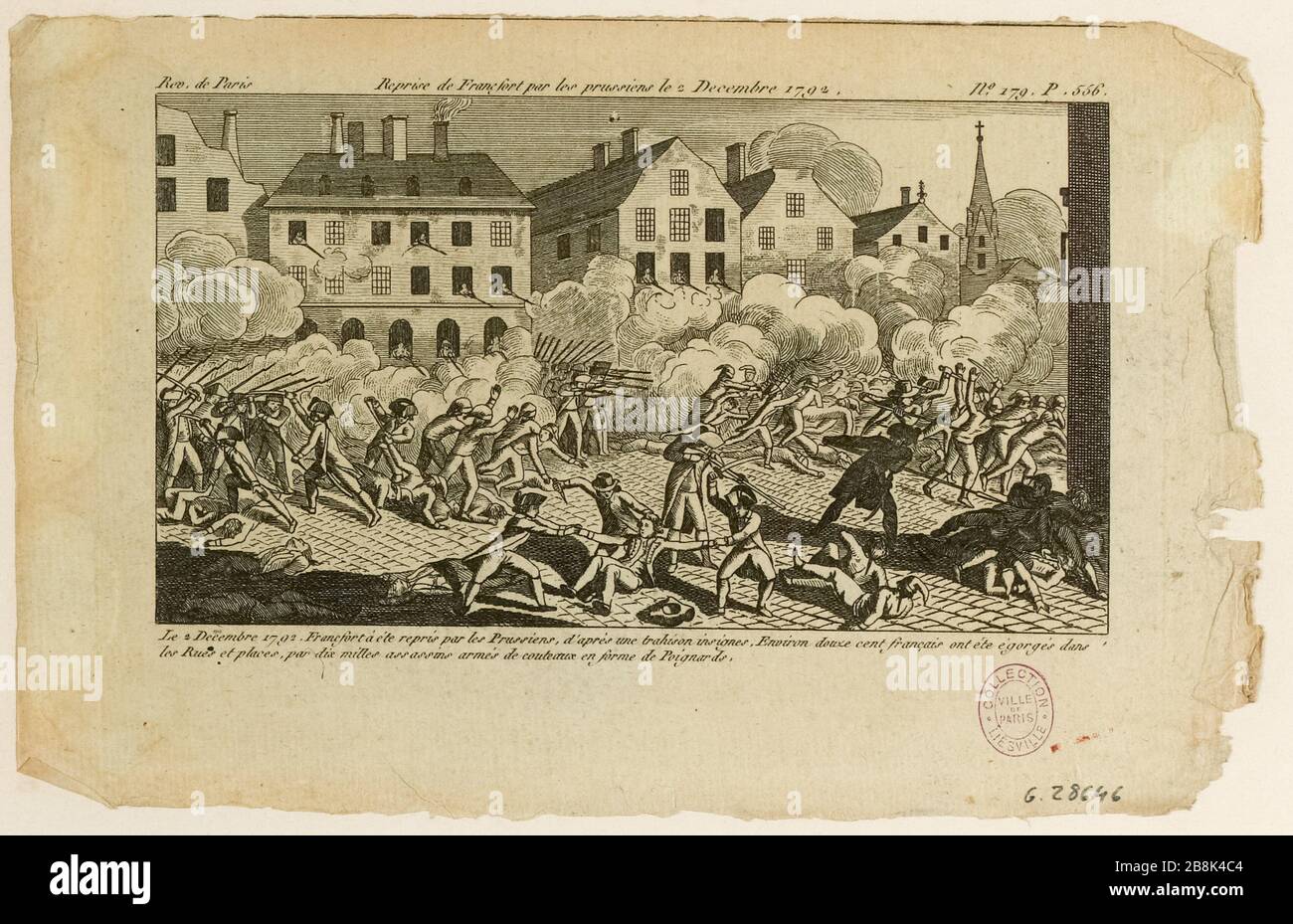 Resumption of the City of Frankfurt by the Prussians, Austrians and Hessians (Germany) and French massacre. November 28, 1792. Print Nº179, p.556 of the Journal of Paris Revolutions 8-15 December 1792. (dummy title) Stock Photo