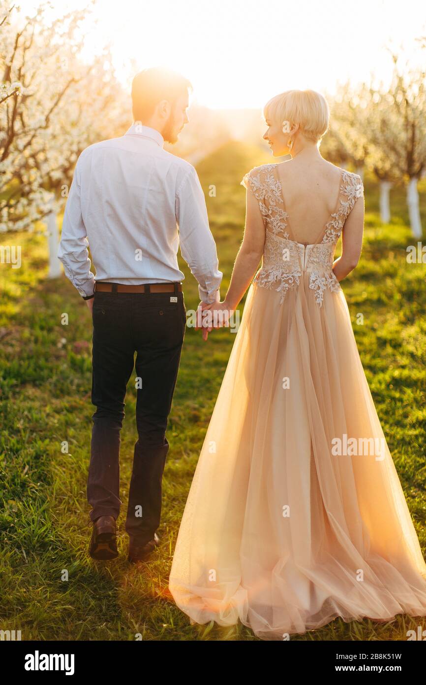 Back full length portrait of luxury happy wedding couple holding hands and walking, gorgeous bride in pink dress, tender romantic moment at spring Stock Photo