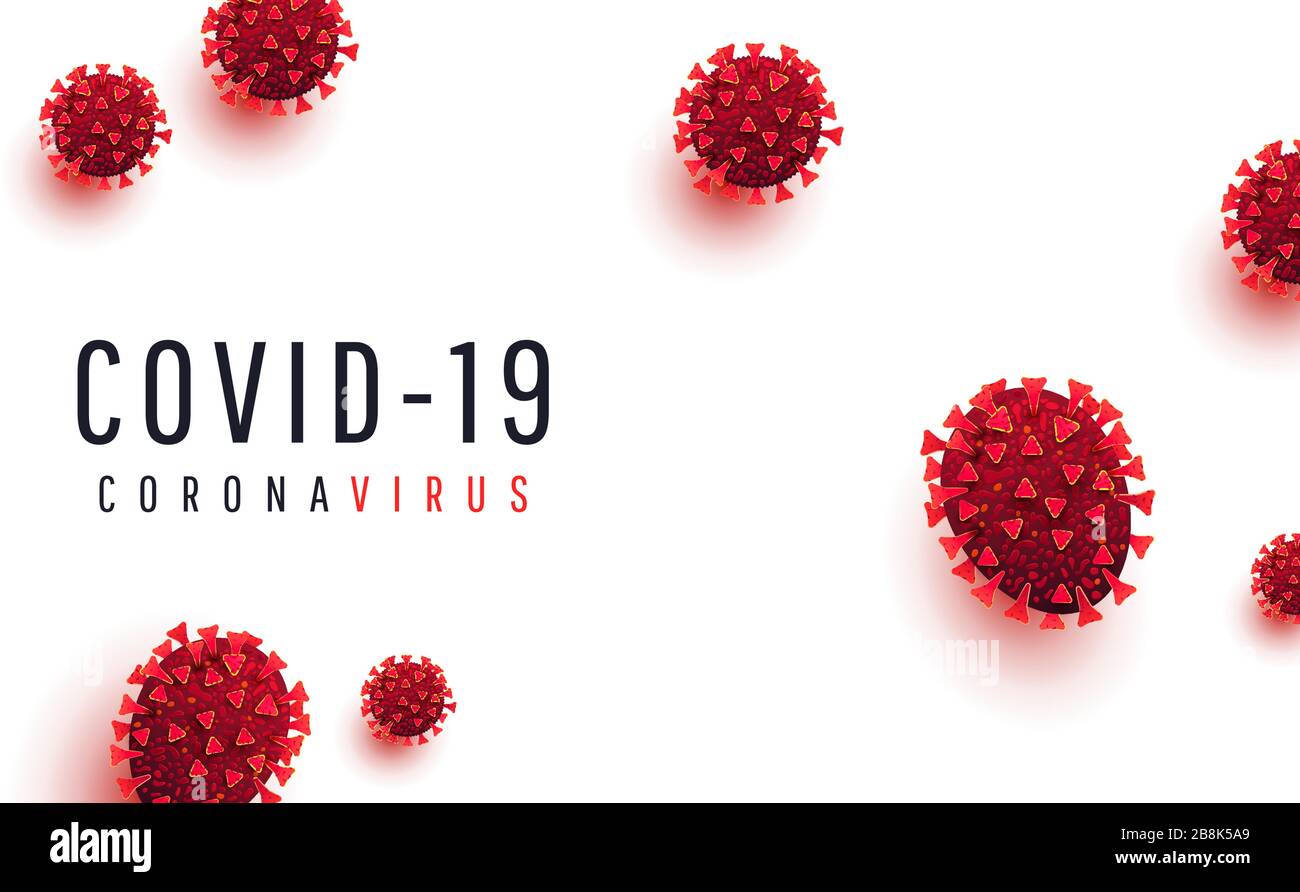 Covid 19, coronavirus infection concept. Realistic infected red virus cells on a white background with text. Vector illustration Stock Vector