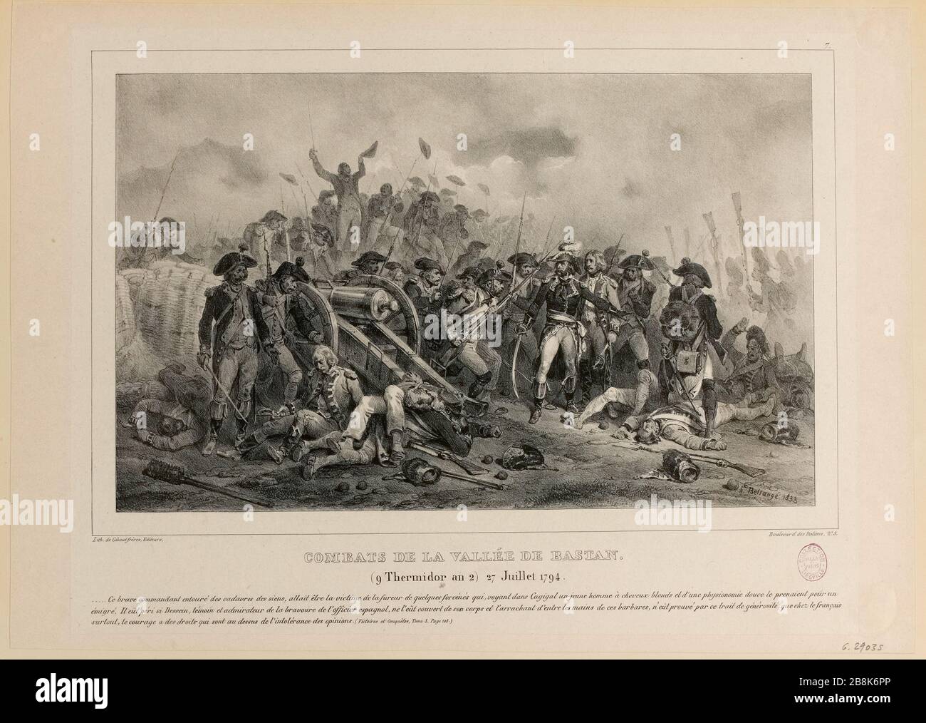 French Revolution. Day 9 Thermidor Year II or July 27, 1794. Battle in the Bastan valley entrance of French troops in Spain. Illustration for Military Memories of the Republic, the Consulate and the Empire, T.II, 1833 sq. 7 (a dummy title) Stock Photo