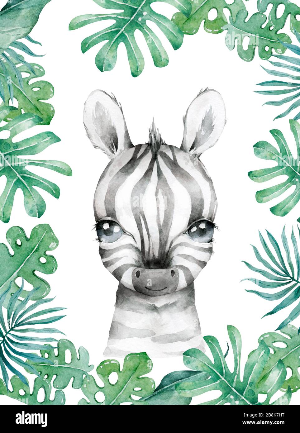Watercolor cartoon cute baby Zebra with tropical frame background. Nursery  african illustration. Bohemian boho drawing for nursery poster Stock Photo  - Alamy