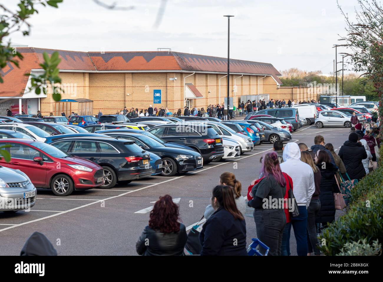 Tesco supermarket in Southend on Sea with huge numbers of shoppers queuing in morning. Panic buying shopping standing close together during COVID-19 Stock Photo