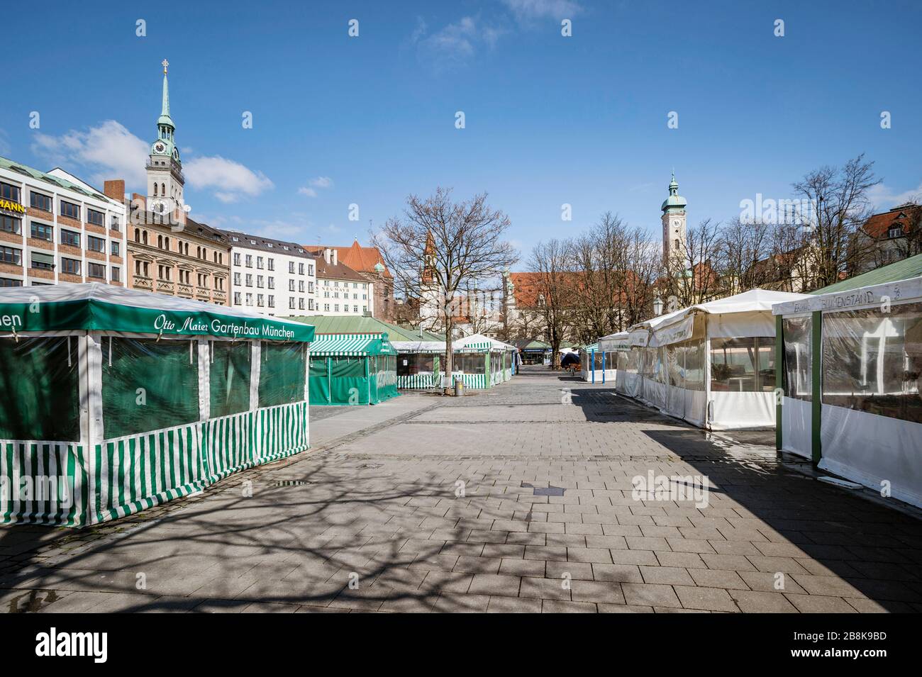 Bavaria-Munich-Germany, 22. März 2020: Empty streets at the Viktualienmarkt in Munich because of shutdown due to corona virus Stock Photo
