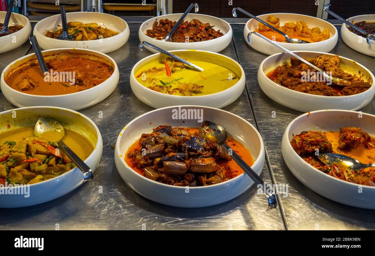Buffet selection of Malay and Indian dishes on a stainless steel