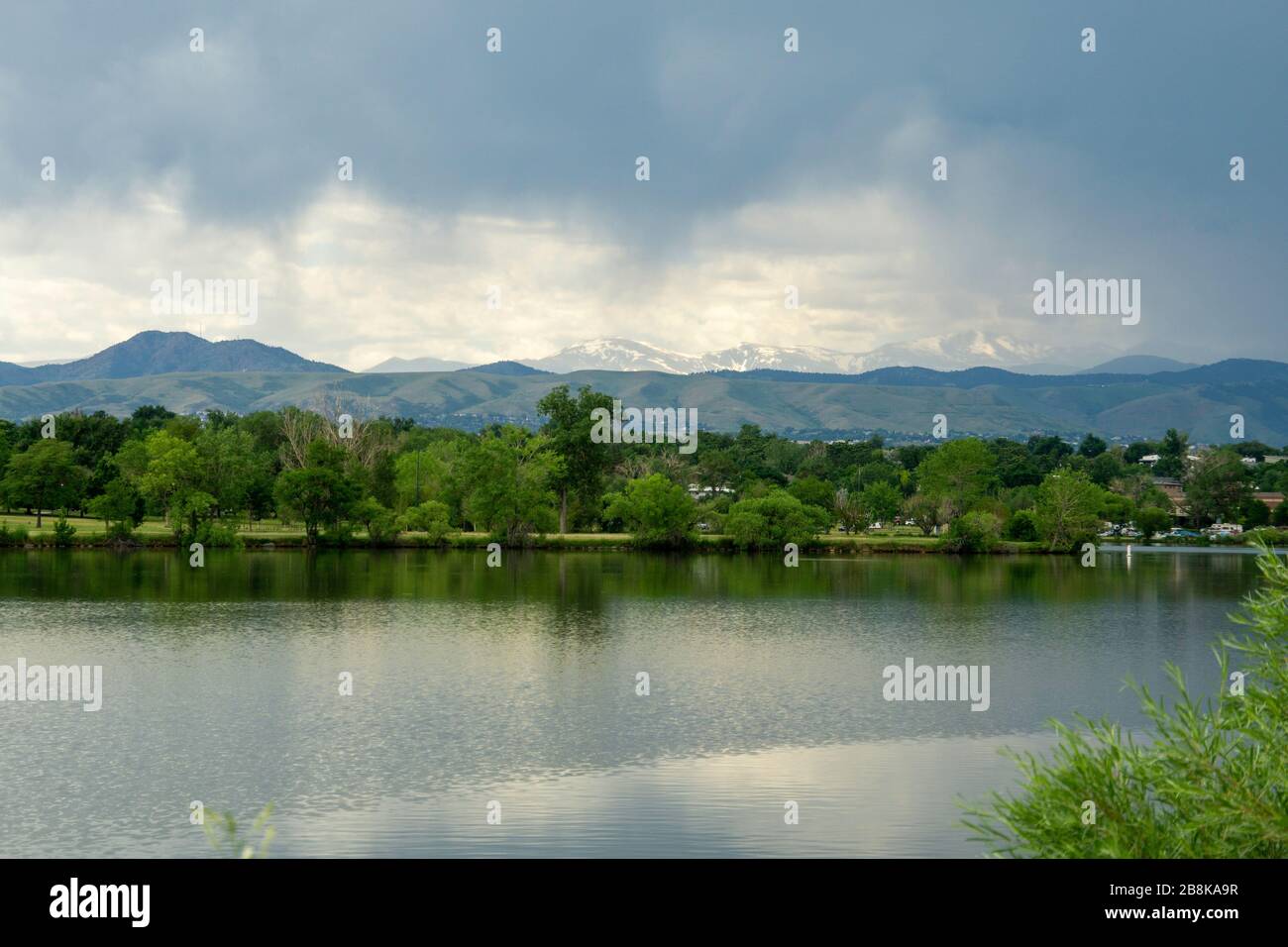 Sloan Lake in Denver with View of the Rocky Mountains Stock Photo