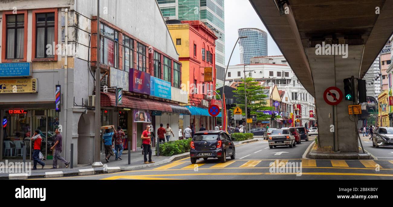 Elevated light rail system Rapid KL running along Jalan Tun Perak Chinatown Kuala Lumpur. Stock Photo