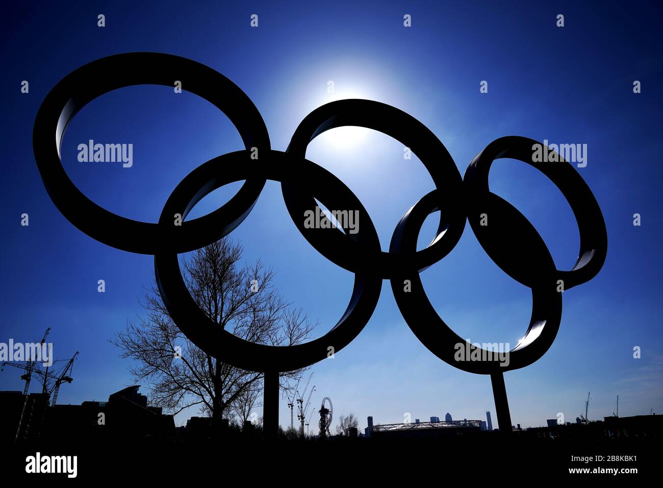 A general view of the Olympic Rings near Queen Elizabeth Olympic Park in London, after Global Athlete added its voice to those calling for the Tokyo Olympics to be postponed this summer due to the coronavirus outbreak. Stock Photo