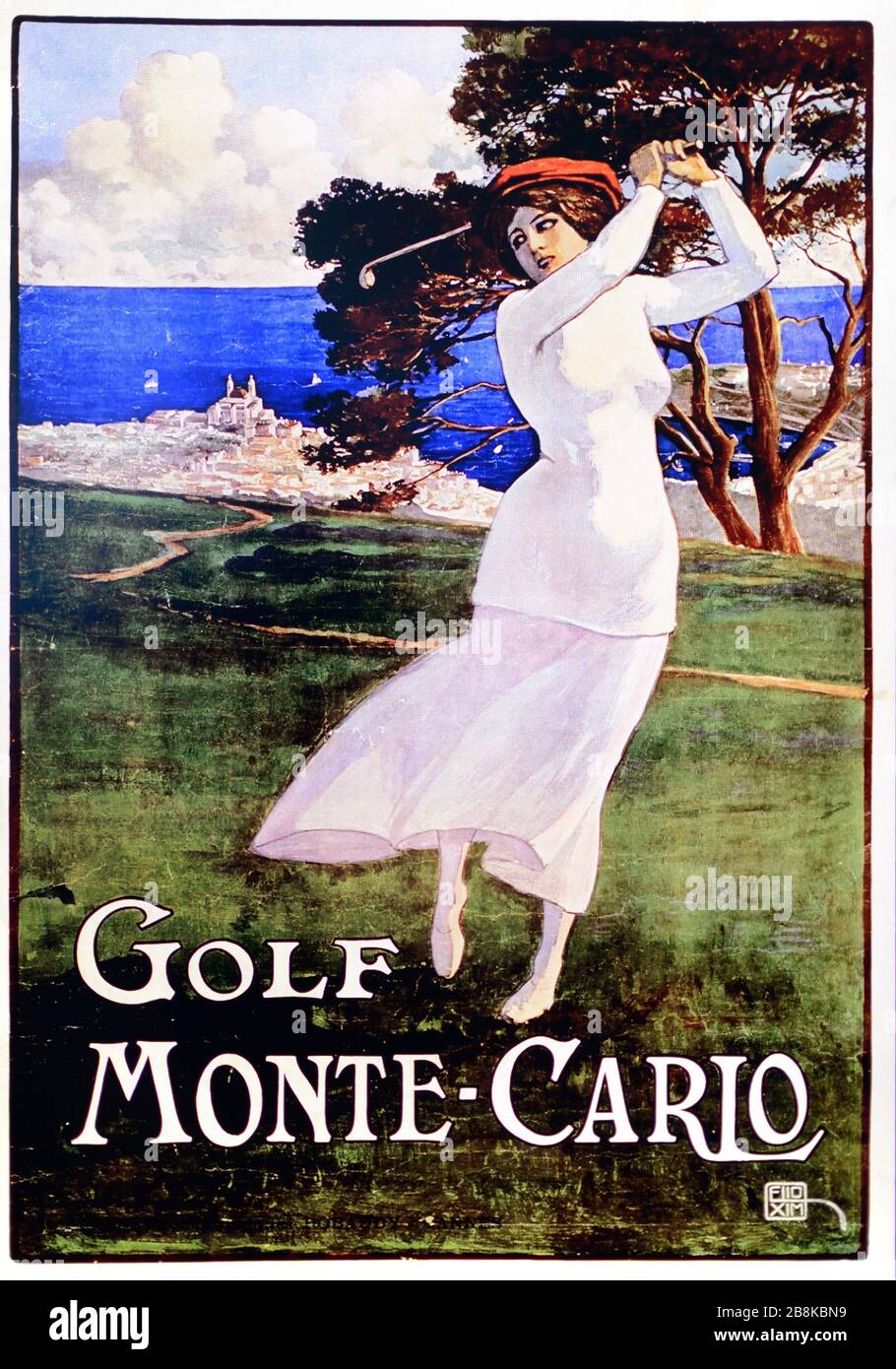 Female Golfer in Vintage Golf Advert Monte Carlo Golf Course Monaco. Vintage Advert, Illustration or Old Poster from 1920s; Stock Photo