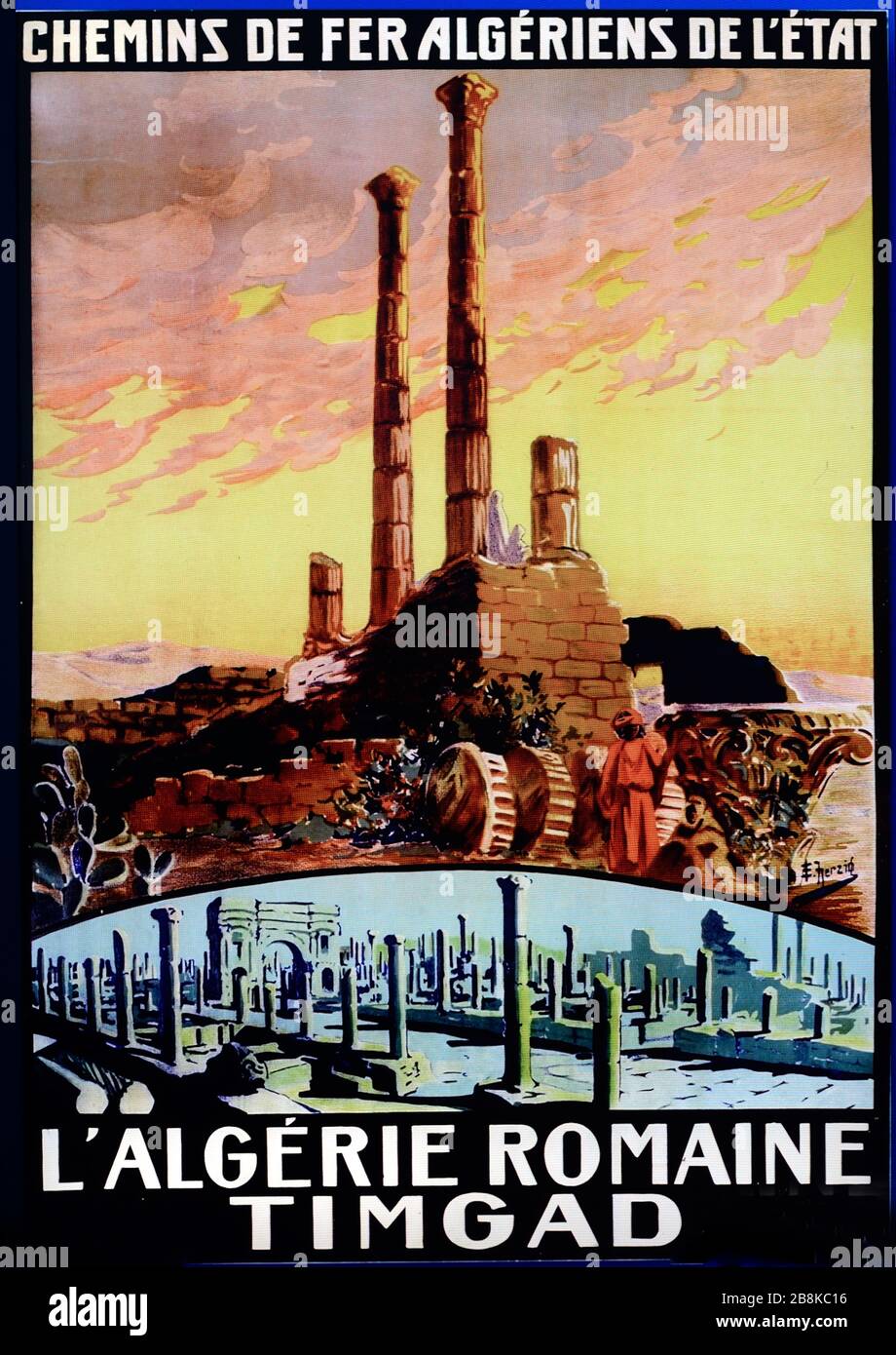 Classical Remains of the Roman City of Timgud Algeria Portrayed in a Vintage PLM Poster, Tourist Advert or Illustration by Roger Borders from the early c20th Stock Photo