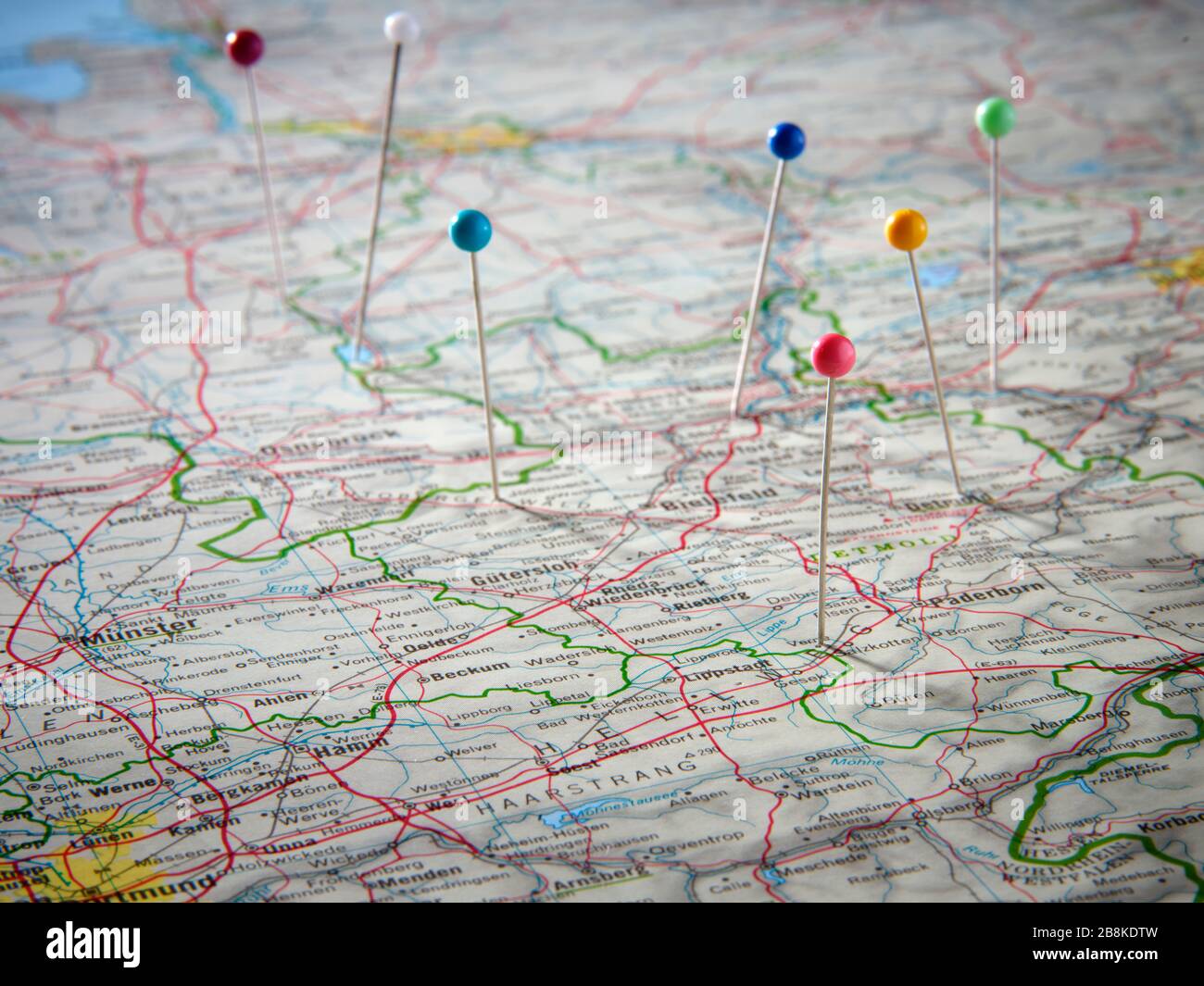 Pins on map marking locations Stock Photo